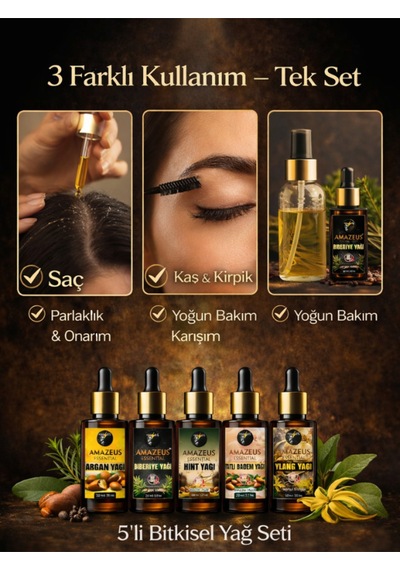 Amazeus Hızlı Uzama & Dökülme Karşıtı 7'li Bitkisel Yağ Seti Argan, Biberiye, Tatlı Badem,hint,ylang Ylang