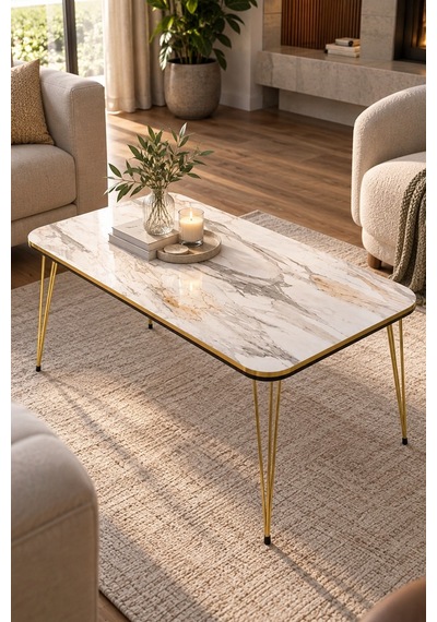 Sulorahome Gold Metal Ayaklı Orta Sehpa Altın - Mermer