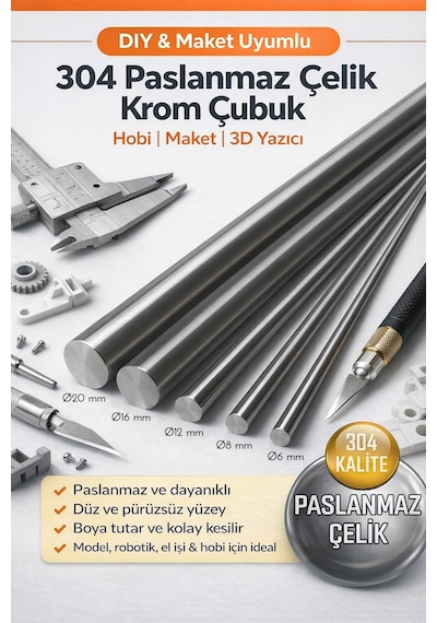 Krom Mil Ø6 Mm 1 Metre - 5 Adet - Paslanmaz Çelik Çubuk Seti