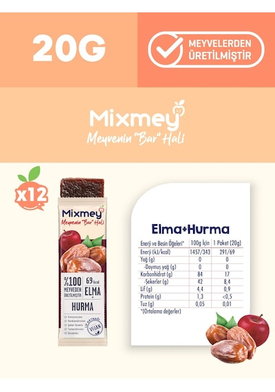 Mixmey Hurma Meyve Barı 12 Adet | Atıştırmalıklar – Vegan, Glutensiz, Koruyucusuz (20GR X 12 ADET)