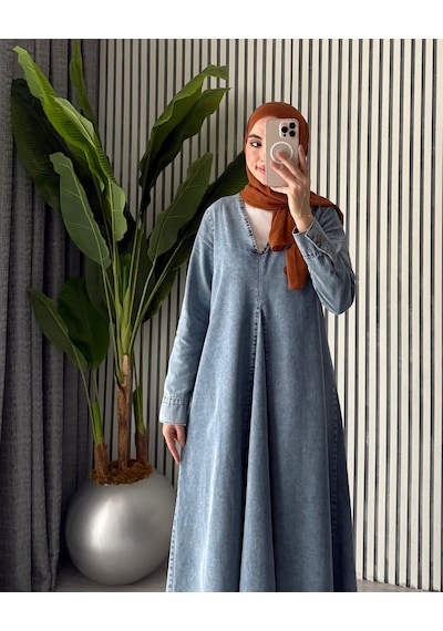 Molly Nelly Kadın V Yaka Pile Detaylı Oversize Kot Tesettür Elbise Mavi