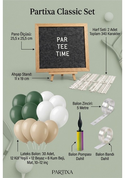 Golf Temalı 1 Yaş Doğum Günü Süsleme Classic Set Koyu Gri Keçe Yazı Panosu Standlı Balon Zincirli Par-tee Seti