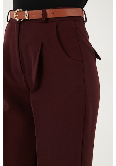 Lela Regular Fit Yüksek Bel Düz Paça Kemerli Bayan Pantolon 68350938 Mürdüm