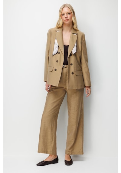 Mixray 4809 Kadın Fular Detaylı Keten Blazer Ceket Camel