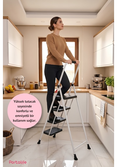 Portalife 4 Basamaklı Konfor Tutacaklı Çelik Şık Merdiven - Beyaz 200 Cm'ye Kadar