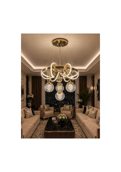 Çemberli Kıvrım 50 Cm Cam 4 Toplu Kalın Kasa Simli Modern Sarkıt Yüksek Işık Salon Led Avize Kumandalı Gold Gold