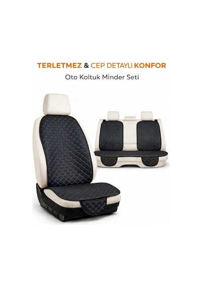 Terletmez Cepli Oto Koltuk Minder Seti Kolay Montaj Universal Koruyucu Kılıf Kumaş Mavi