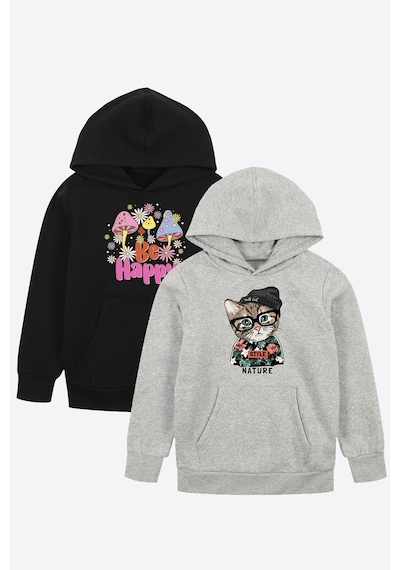 Fyk Kids Unisex Kapüşonlu Kanguru Cepli 2 İplik Sweatshirt Siyah - Gri1