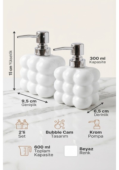 Buççin Online Mağaza 2 Adet Bubble Cam Sıvı Sabunluk, 300 Ml + 300 Ml - Beyaz, 9,5x6,5x15 Cm Cam Beyaz Çok Renkli