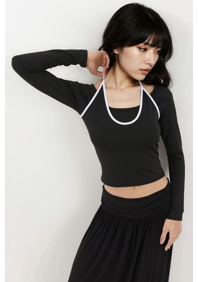 Hiccup Halter Yaka Uzun Kollu Esnek Örme Top Siyah