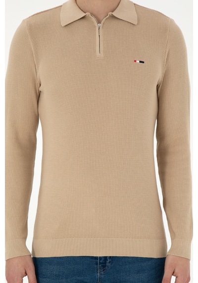 U.S. Polo Assn. Erkek Regular Fit Yarım Fermuarlı Kum Melanj Basic Kazak 50298266-VR085