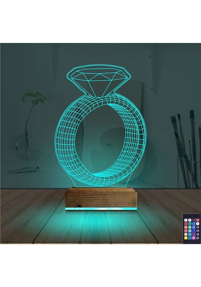 Luvivia Tek Taş Yüzük Sevgiliye Hediye 3d Lamba - Masa Gece Lambası