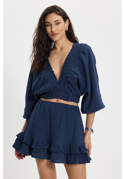 Tudors Kadın Oversize Geniş Kesim %100 Pamuk Kruvaze Yaka Crop Fırfırlı Lacivert Şort Etek Takım-50559