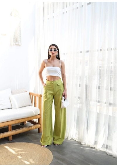 Defymoda Keten Düğme Detayli Dökümlü Palazzo Pantolon Yeşil