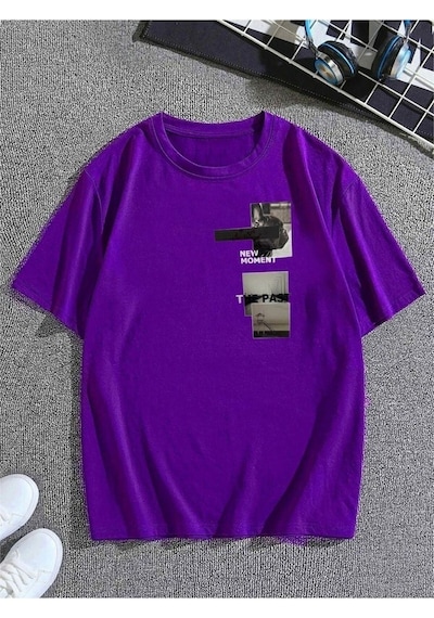 New Moment T-shirt - Mor Baskılı Oversize Bisiklet Yaka Kısa Kol Mor