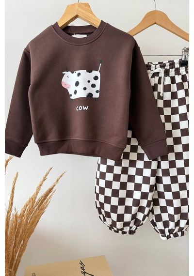 Monila Unisex Çocuk İnek Baskılı Kahverengi Sweatshirt Ve Dama Baskılı Eşofman Takım