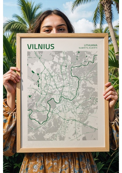 Vilnius Litvanya Haritası Çerçeveli Tablo Lüks Salon Ofis Duvar Dekorasyonu Hediyelik Tablo Kayın