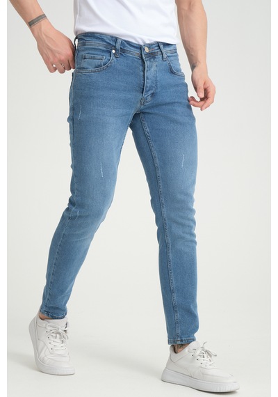 Erkek Skinny Fit Orta Mavi Destroy Skinny Fit Pantolon Orta Mavi