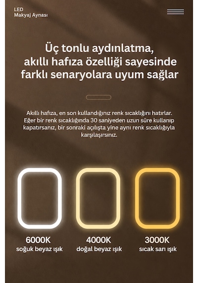 Led'li Makyaj Aynası - 3 Modlu Işıklı Ayna - Şarj Edilebilir Usb - Şarjlı Makyaj Düzenleyici Dokumatik Beyaz