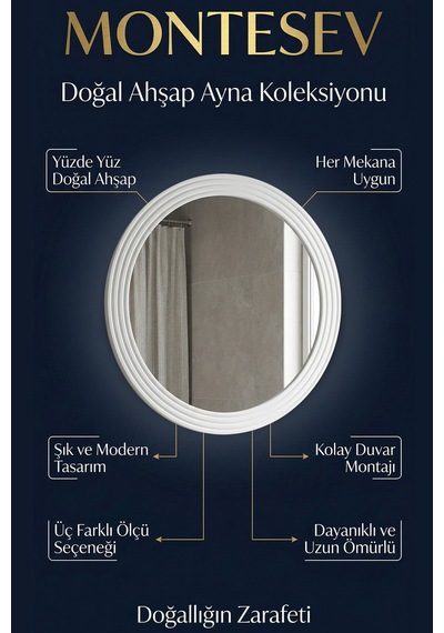Zümrüt Beyaz Dekoratif Ayna Yuvarlak Işlemeli Duvar Aynası 56 Cm Beyaz