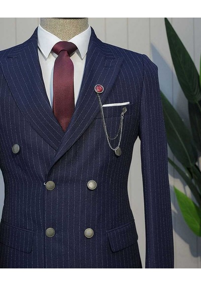Bys Beystil Sivri Yaka Lacivert Çizgili Kruvaze Takım Elbise Togo - Slim Fit