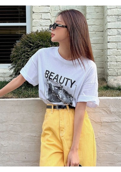 Unisex Beyaz Beauty Baskılı Oversize Bisiklet Yaka T-shirt 001