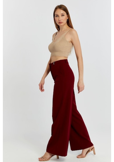 Bolivente Bordo Palazzo Geniş Paça Dokuma Kumaş Pantolon Bordo