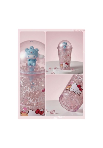 Sevimli Hello Kitty Kristal Figürlü Cam Bardak,450 Ml, Kız Çocuk Özel Tasarım Pipetli Plastik Suluk,matara,model2 Mavi
