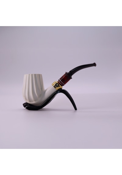 El Oyması Lületaşı Pipo 9mm Filtre Uyumlu Çift Yanak Gold Yüzük Koleksiyonluk Beyaz Model