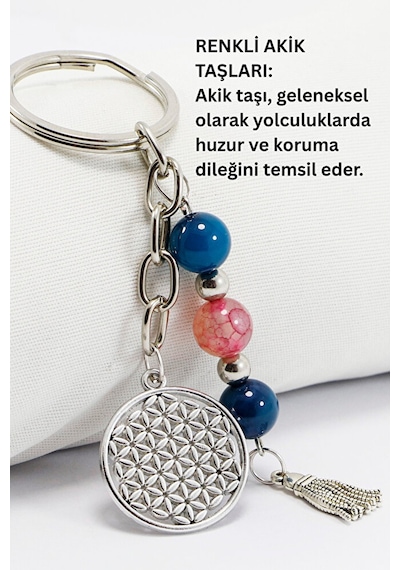 Doğal Taşlı Gümüş Renkli Metal Yaşam Çiçeği Anahtarlık, Renkli Ak