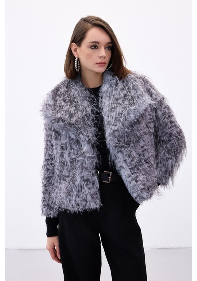 Sateen Leopar Desenli Kürk - Gri-136711 Gri