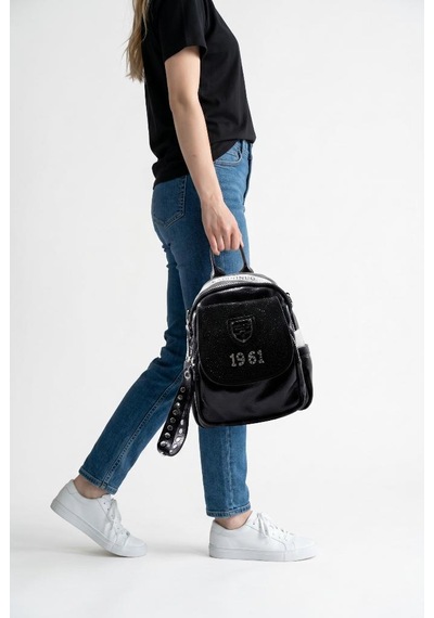 Baginn Kadın Sırt Çantası Taşlı Model Black-silver 25 19 Cm Günlük Mini Sırt Çantası Fonksiyonel Kullanım Siyah