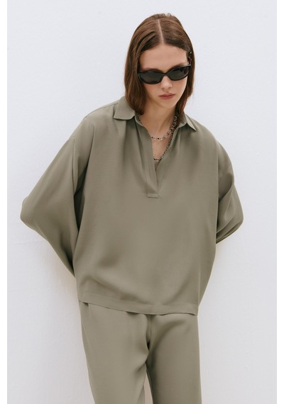 Suud Collection Haki Alessa Polo Yaka Tensel Bluz