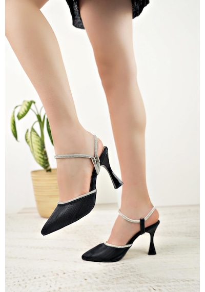 Nesilshoes Nesil Shoes Özma 355 Siyah Taşlı Topuklu Kadın Sandalet Siyah Simli