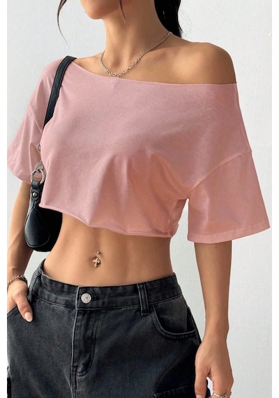 Kadın Pembe Kayık Yaka Oversize Crop T-shirt Pembe