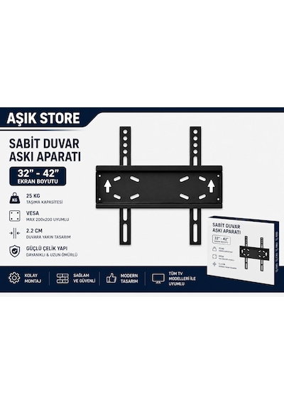 Sabit Tv Askı Aparatı 32-42 İnç Universal Tv Duvar Askısı Vesa 200x200 25 Kg Lcd Led Oled Qled Metal Gövde
