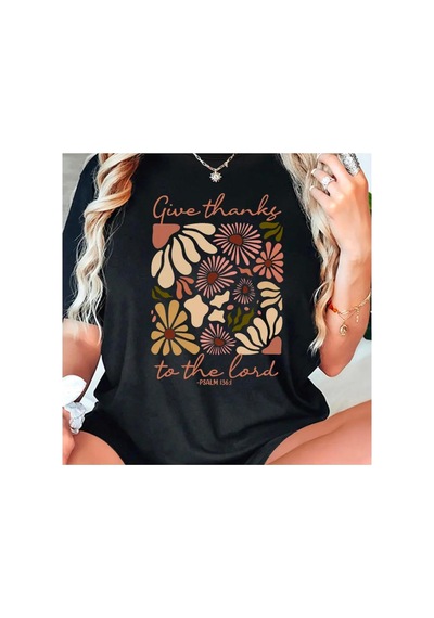 Medinenur Give Thanks Baskılı Basic T-shirt Siyah