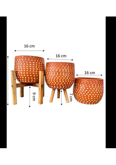Bitki Tasarımı Nokta Desenli Terakota Saksı & Saksılık Dekoratif Salon Çiçekliği 3'lü Set 15 Cm
