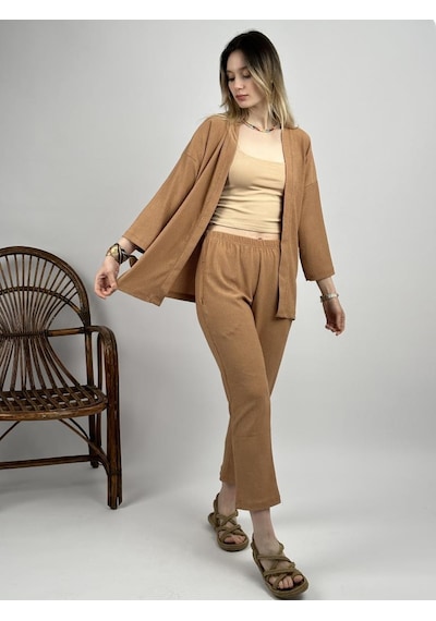 Kadın Pantolonlu Alt Üst İkili Kimono Takım Rahat Kalıp Krem