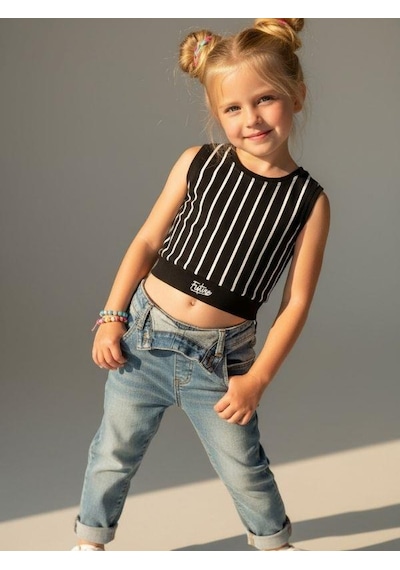 Kız Çocuk Pamuklu Çizgili Crop Bluz-16801 Siyah