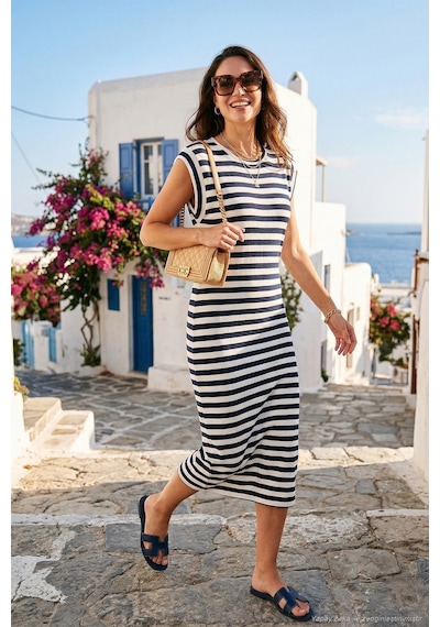 Lela Regular Fit Bisiklet Yaka Çizgili Midi Boy Bayan Elbise 5866105 Lacivert-Beyaz