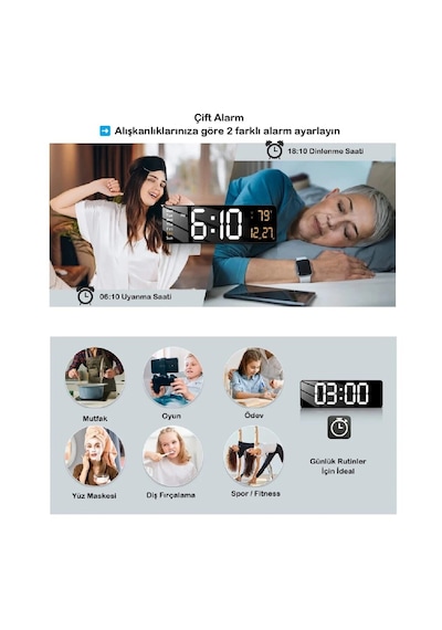 Büyük Ekranlı 16" Led Saat Dijital Duvar Saati Alarm Özellikli Dekoratif Tasarım Siyah