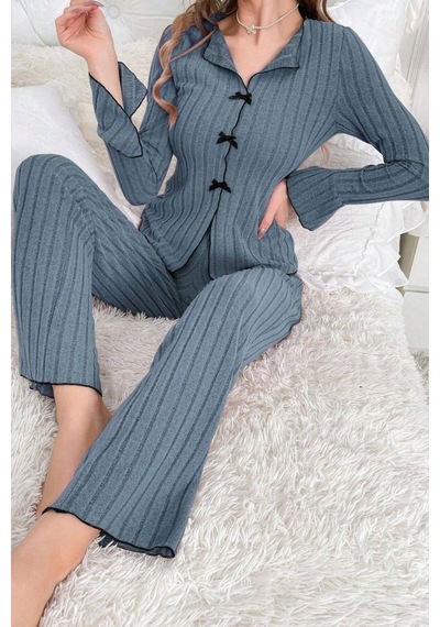 Bella Notte Mavi Uzun Kollu Fiyonk Detaylı Pijama Takımı