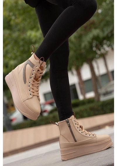 Mergenshoes Bf950 Bej Kalın Taban Kadın Bot Ten
