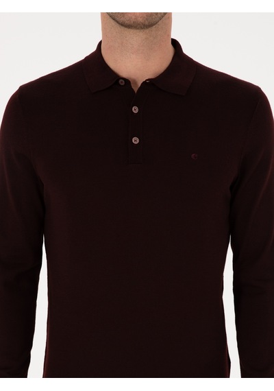 Cacharel Bordo Slim Fit Yün Karışımlı Polo Yaka Basic Triko Kazak Kırmızı