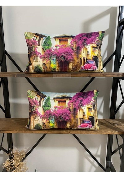 Pembe Vosvos Baskılı Dekoratif 2'li Yastık Kılıfı Seti 30 x 55 cm