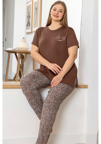 Aydoğan Kadın İnci Büyük Beden Kısa Kol Kahve Pijama Takım 0055 Kahve