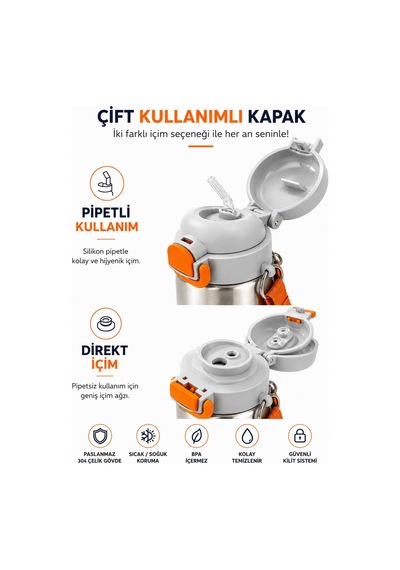 Titiz Çelik Beslenme Kabı Ve 600 Ml Çelik Termos Matara Seti Astronot Desenli 2 Li Okul Seti Çok Renkli
