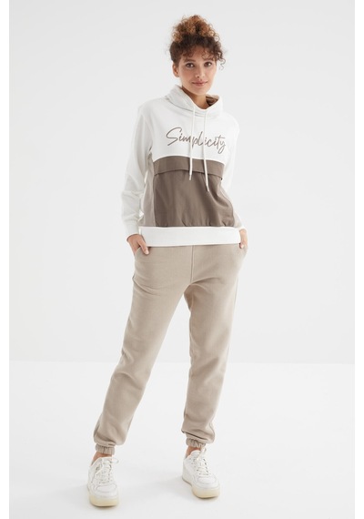 Tommy Life Koyu Bej Yüksek Bel Şardonlu 3 İplik Pamuklu Basic Kadın Eşofman Alt - 94624 Koyu Bej
