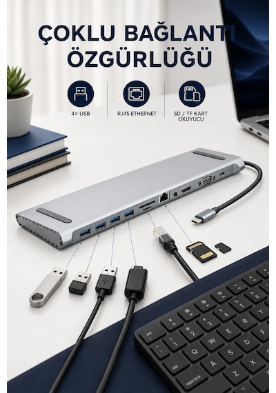 11in1 Çoklayıcı Type-c 3.1 To 4k Hdmi Vga Usb-c Ethernet Usb Çoklayıcı Sd Kart Okuyucu Çevirici Hub